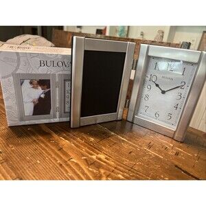Bulova Ceremonial Analog Hinged Metal Picture Frame Tabletop Clock Silver Tone
